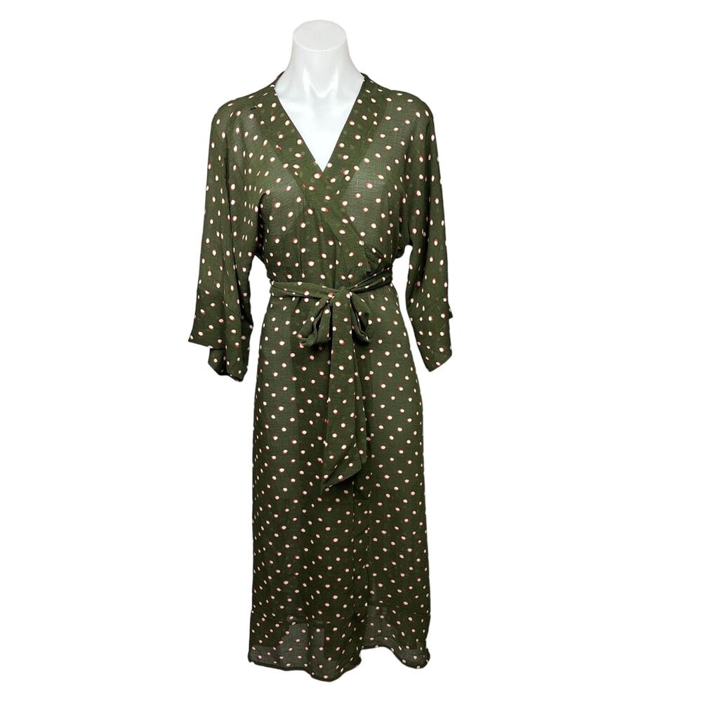 Josa Tulum Green Long Sleeve Polka Dot Print Kimono Beachwear Wrap Midi Dress